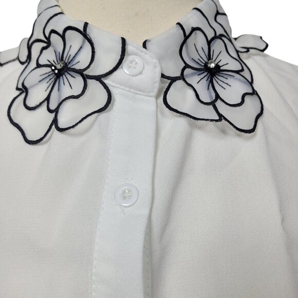 White Detachable Collar Bib w/ Black Floral Embroidery & Rhinestone Detail - Picture 2 of 4